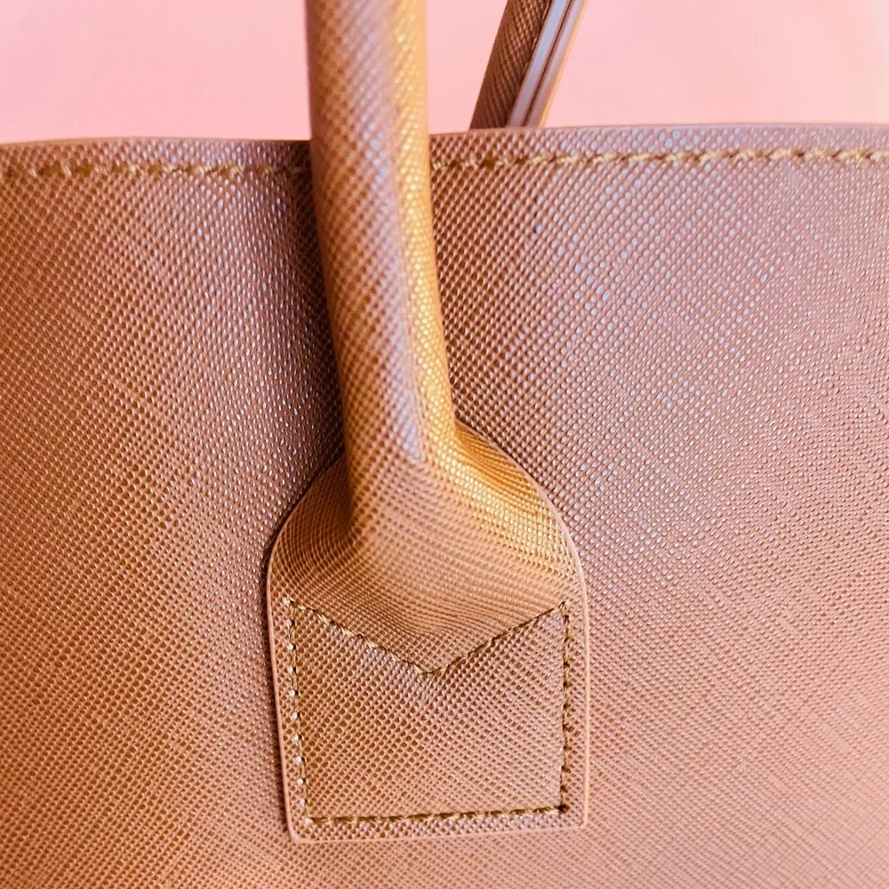 NEW TRENDY COGNAC RIVE GAUCHE VEGAN LEATHER TOTE - Picture 4 of 5